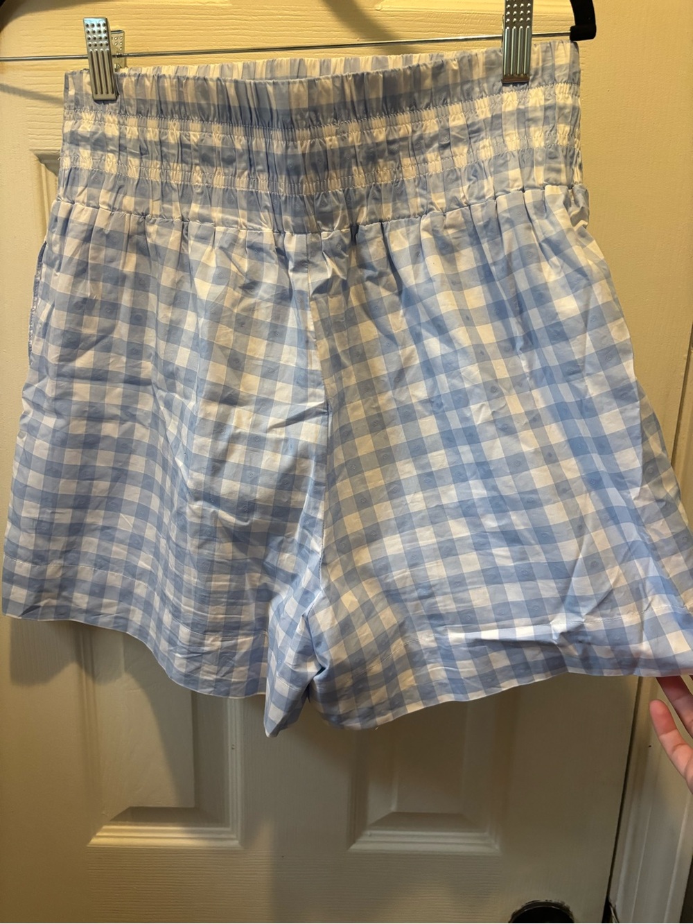 Hill House Light Blue and White Gingham High-Waist Shorts